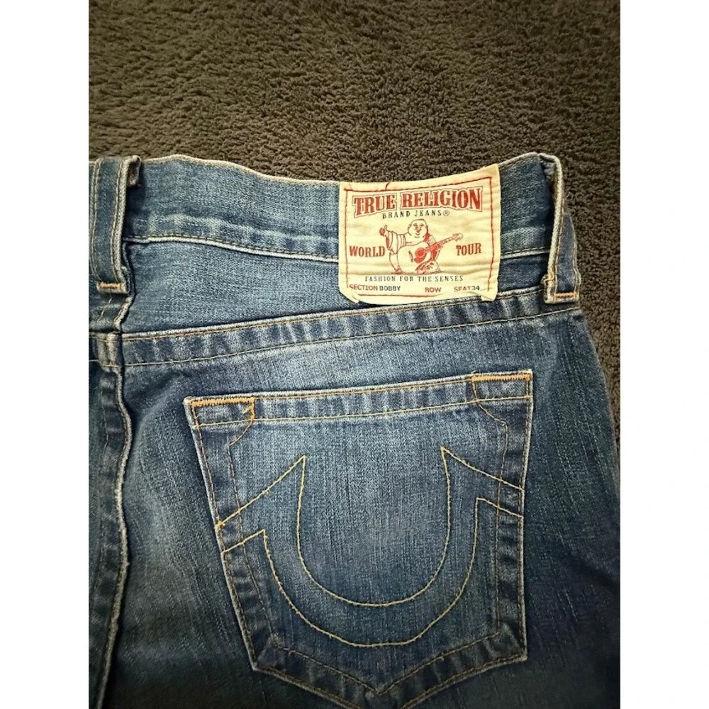 True Religion Mens Bobby Jeans Medium‎ Wash Denim Horseshoe Stitching Blue 36x31